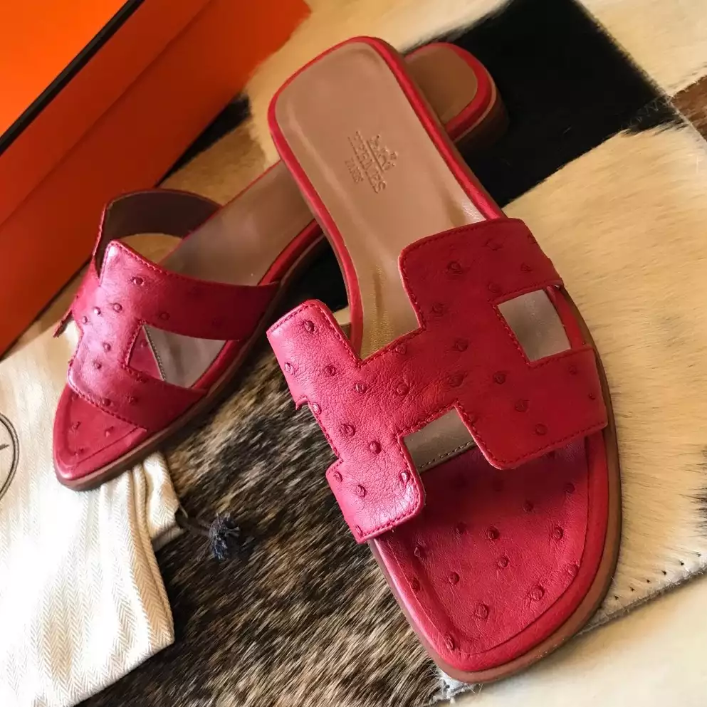 (1:1 replica) HERMES ORAN SLIDE SANDALS IN RED OSTRICH LEATHER HMSD080