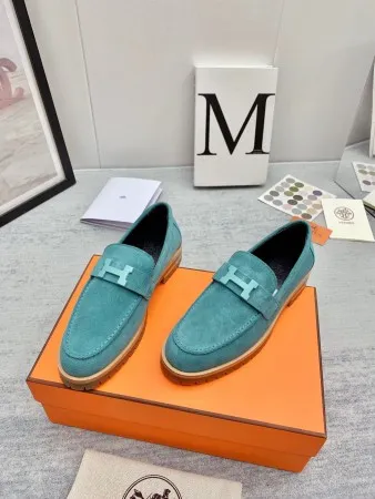 (1:1 replica) Hermes Women s Faubourg Loafers in Blue Suede Leather HM074