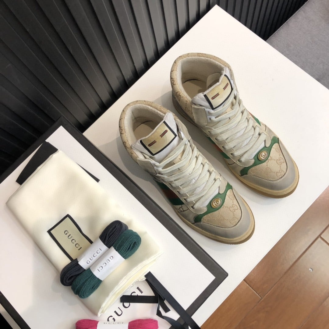 (1:1 replica) Gucci Women s GG Screener Distressed High Top Off-White Green For Women 563730 9Y9P0 9661