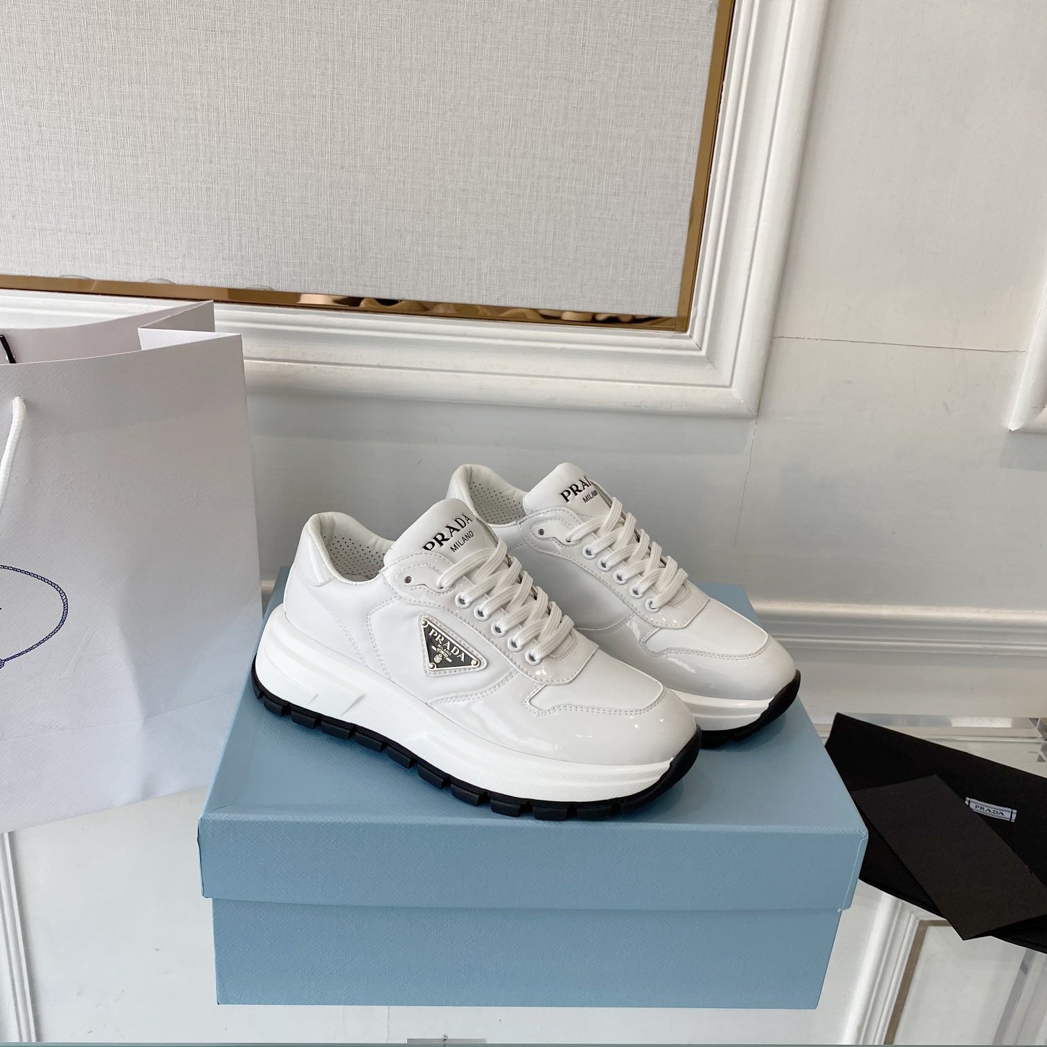 (1:1 replica) Prada Prax 01 Re-Nylon And Brushed Sneakers White For Women 1.8in/45mm PRD 2EE369_3LF5_F0009_F_G000