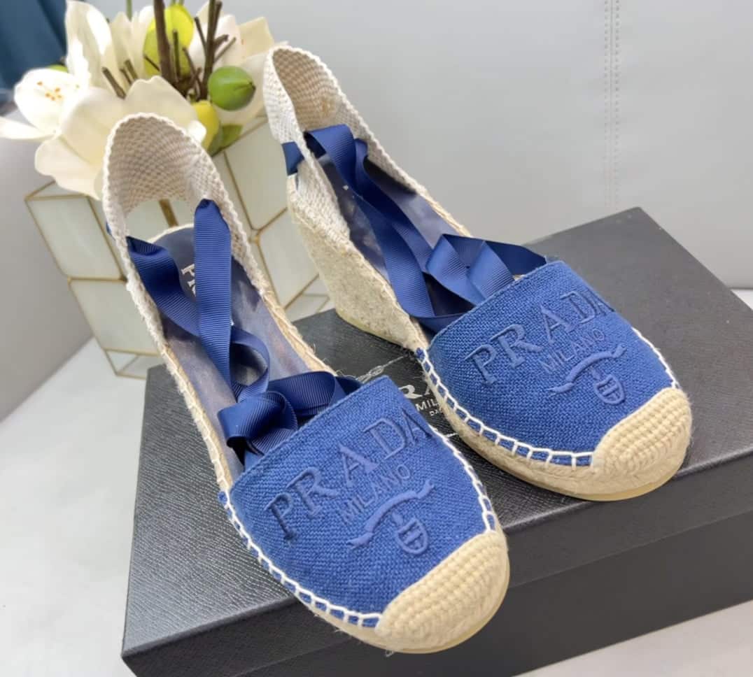 (1:1 replica) Prada Linen Espadrille Wedge Sandals Blue For Women 3.5in/90mm PRD 1IZ045_376_F0013_F_090