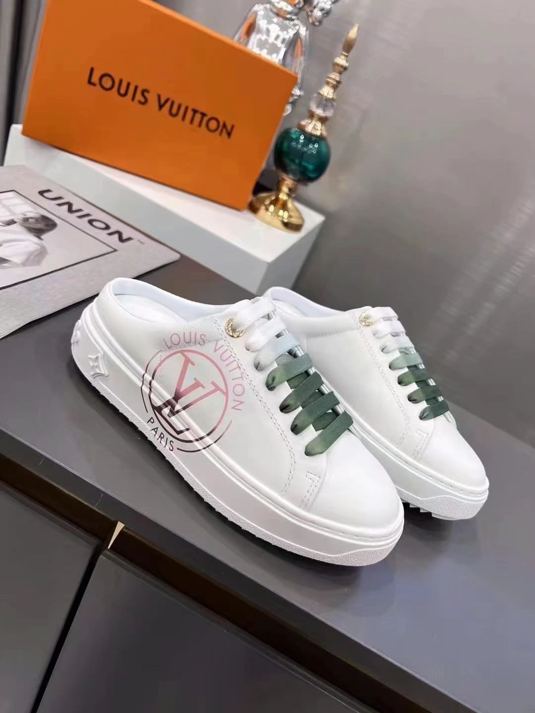 (1:1 replica) Louis Vuitton Women s Time Out Open-Back Sneaker Green For Women LV 1AA1CZ