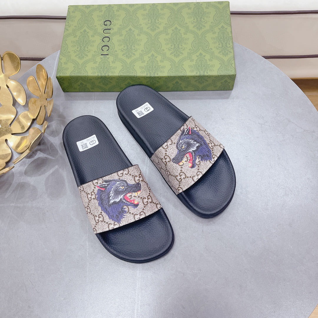 (1:1 replica) Gucci Women s Gucci Supreme Slides With Wolf Black And Gray For Women 408508