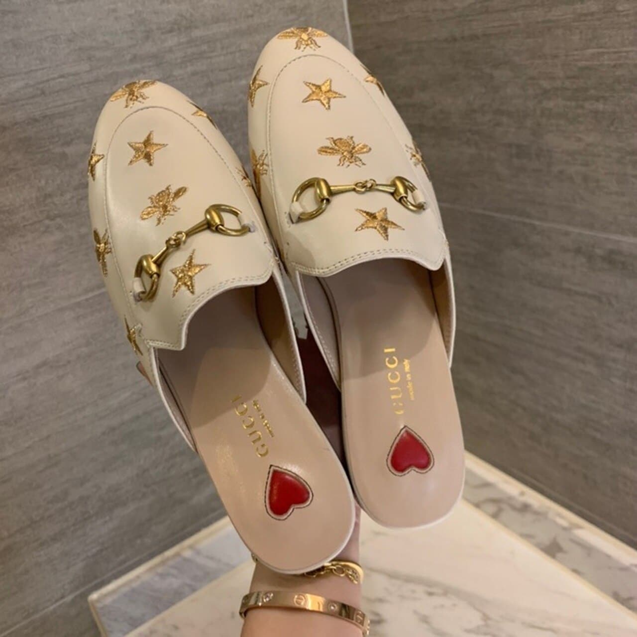 (1:1 replica) Gucci Princetown Slipper With Bee Stars Beige For Women GG