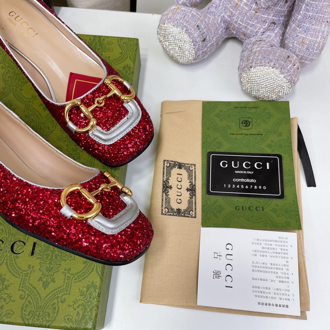 (1:1 replica) Gucci Lovelight Crystal Ballet Flat With Horsebit Red For Women GG