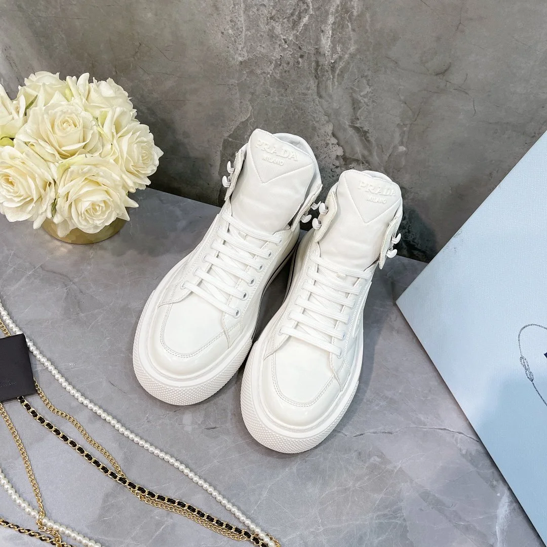 (1:1 replica) Prada Macro Re-Nylon And Brushed High-Top Sneakers White For Women 1.8in/45mm PRD 1T642M_3LF5_F0009_F_B045