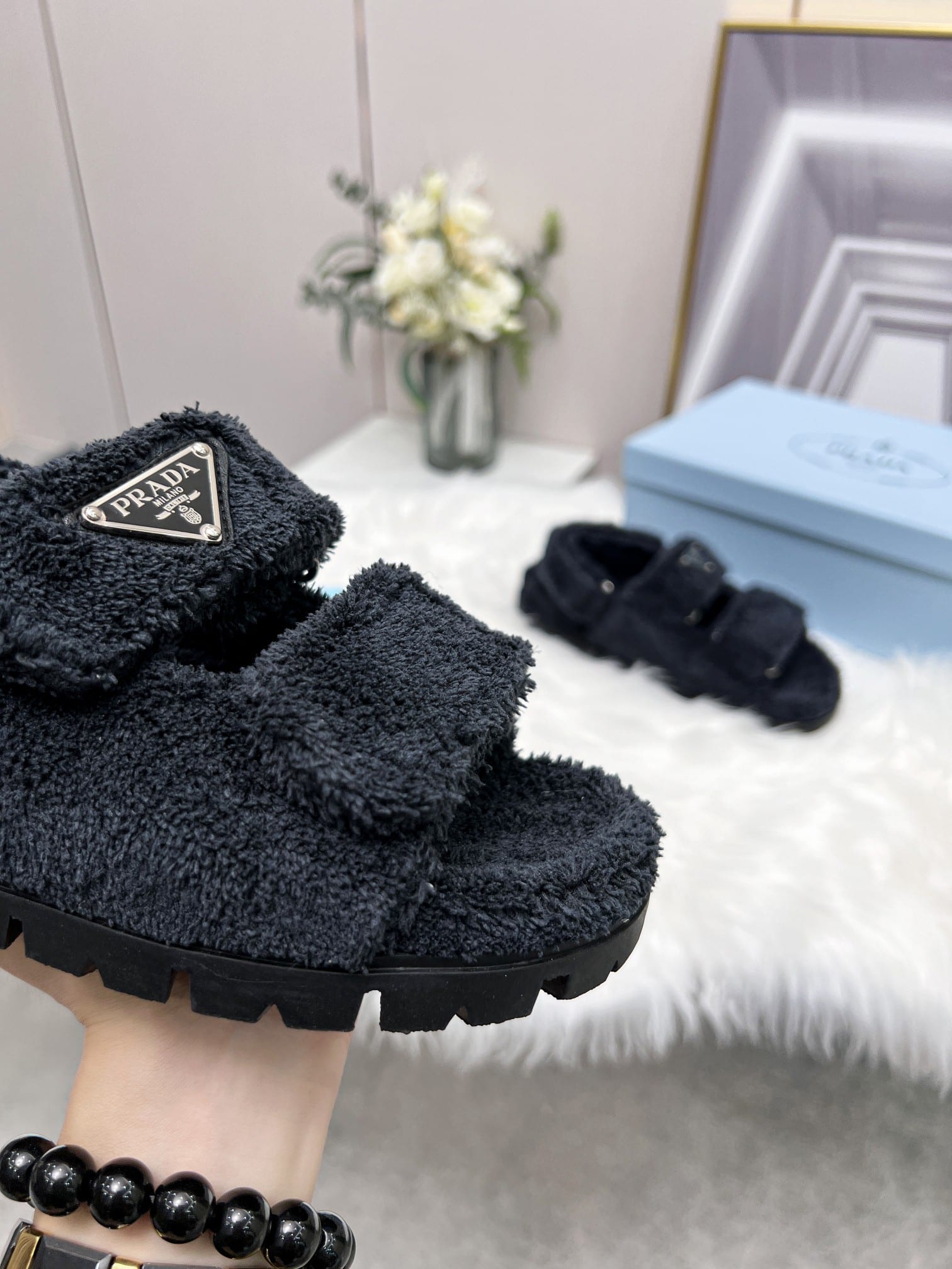 (1:1 replica) Prada Terrycloth Sandals Black For Women 0.8in/20mm PRD