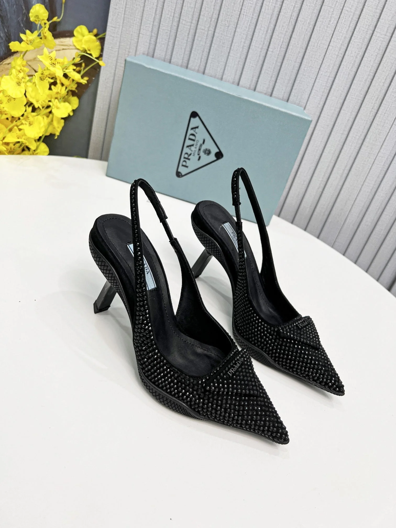 (1:1 replica) Prada Satin Slingback Pumps With Crystals Black For Women 2.2in/55mm PRD