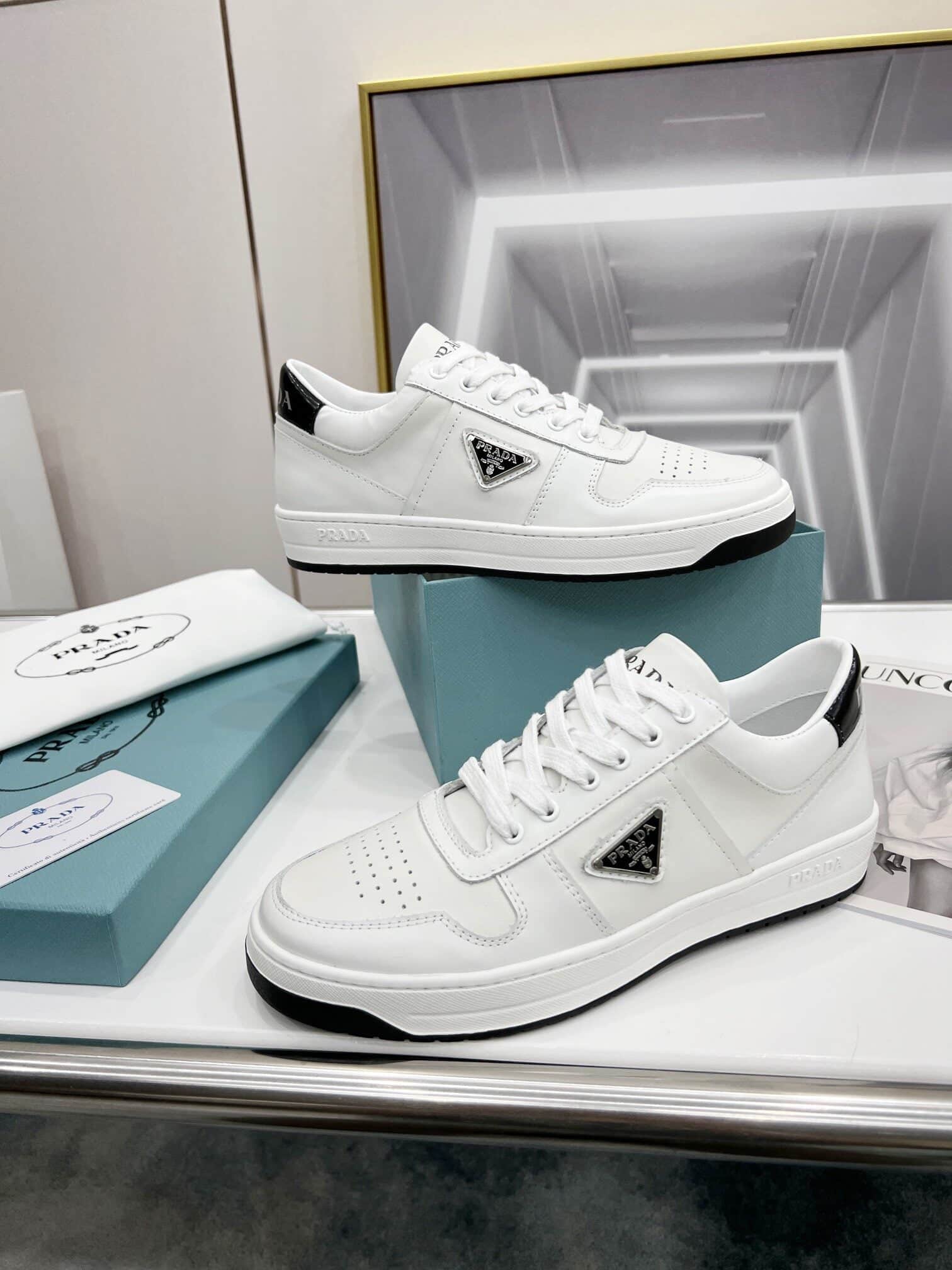 (1:1 replica) Prada Downtown Perforated Sneakers White/Black For Women 1.2in/30mm PRD 1E792M_3LJ6_F0964_F_030
