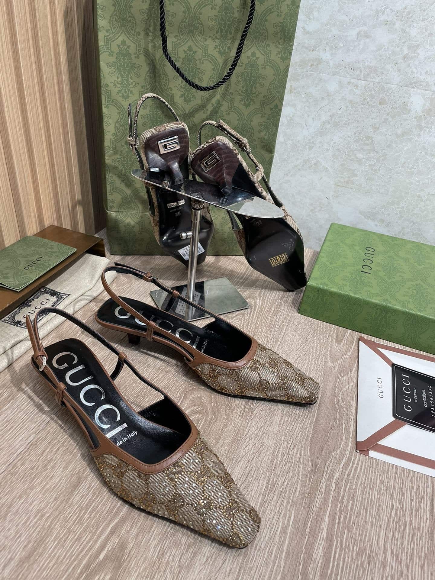 (1:1 replica) Gucci Women s GG Slingback Pump By Fabric Brown For Women GG