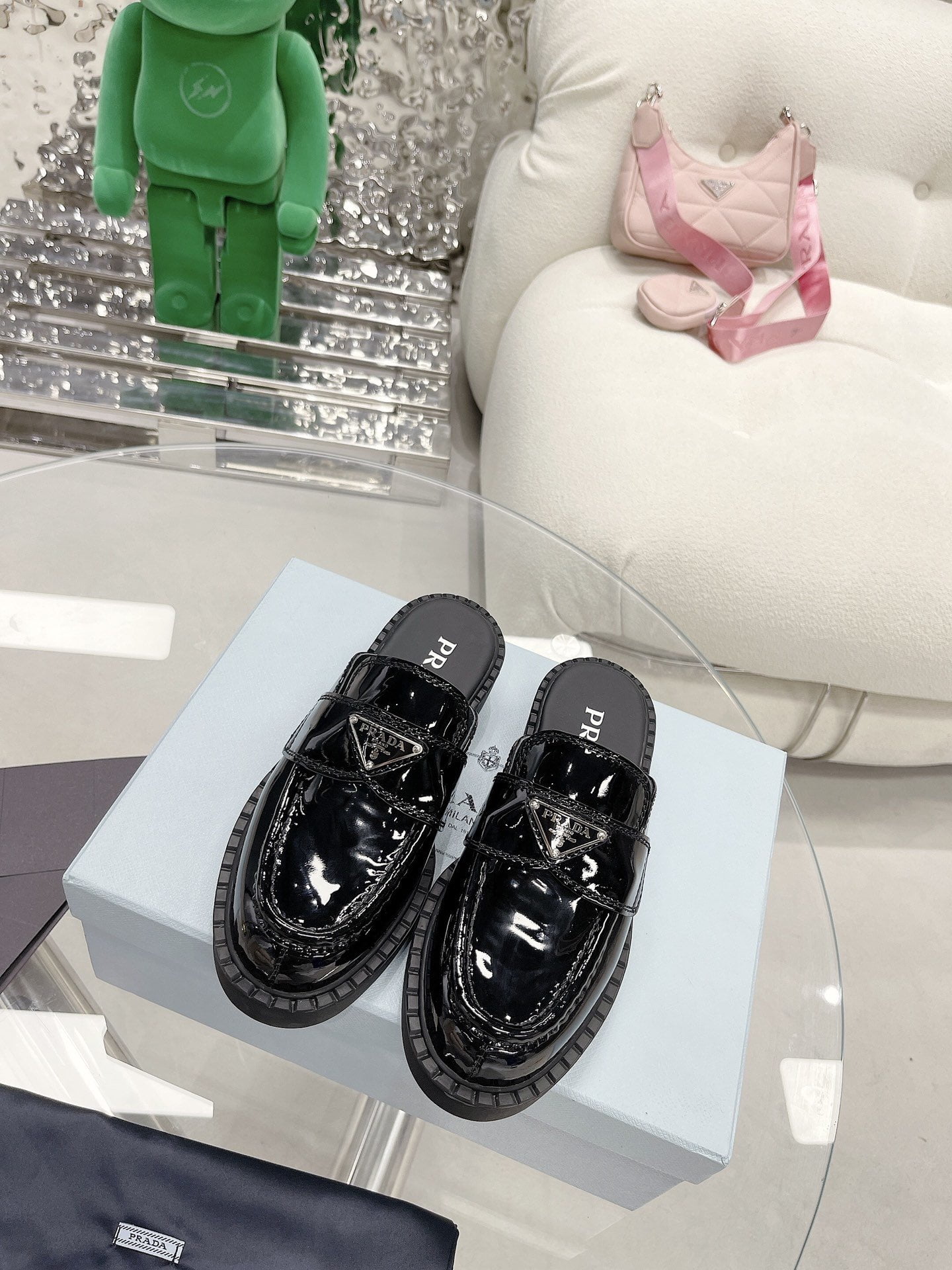 (1:1 replica) Prada Chocolate Brushed Mules Shiny Black For Women 1.6in/40mm PRD