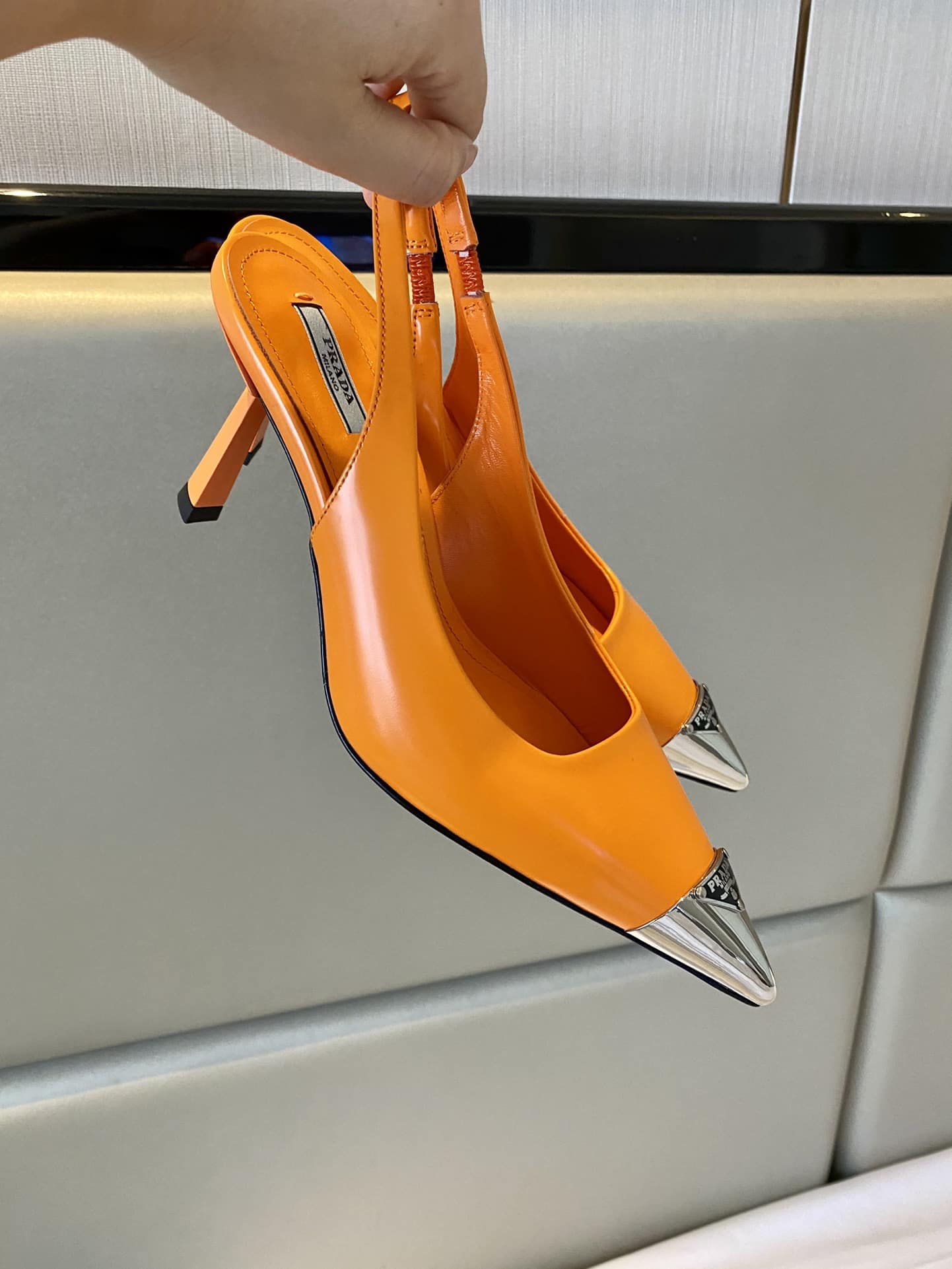 (1:1 replica) Prada Brushed Slingback Pumps Orange For Women 2.9in/75mm PRD