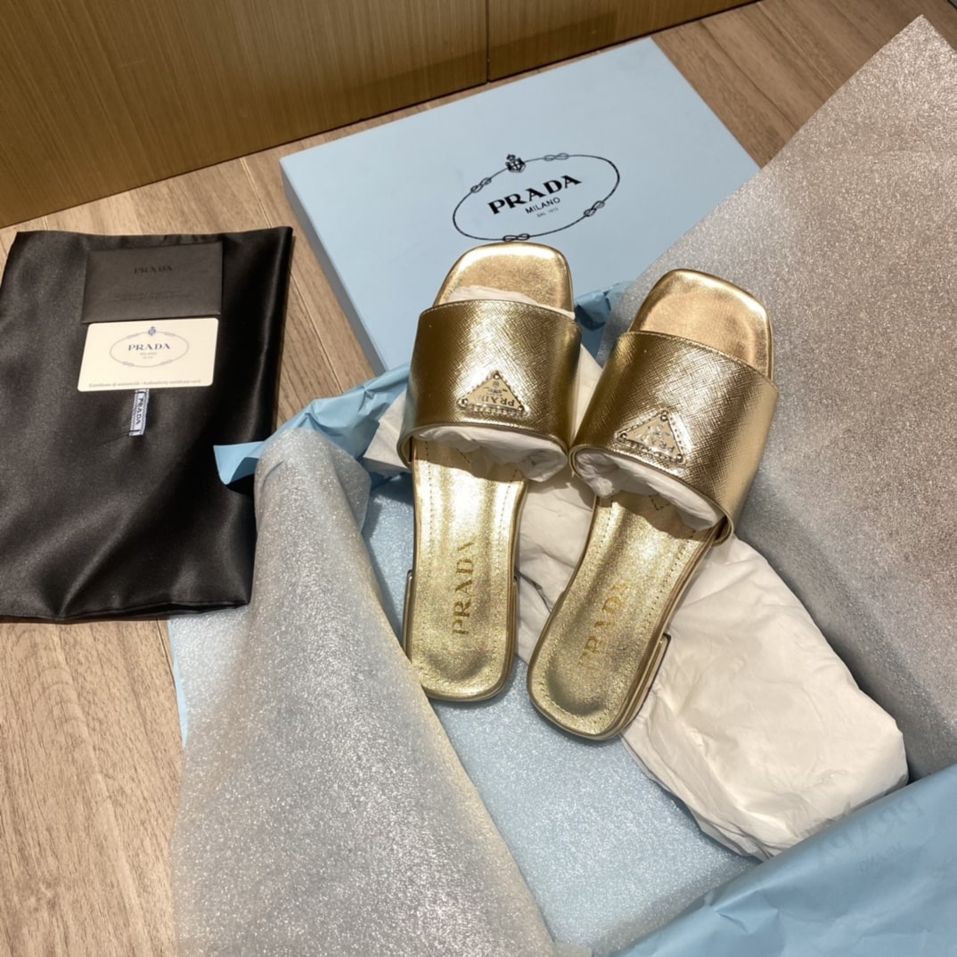 (1:1 replica) Prada Saffiano Slides Gold For Women 0.4in/10mm PRD