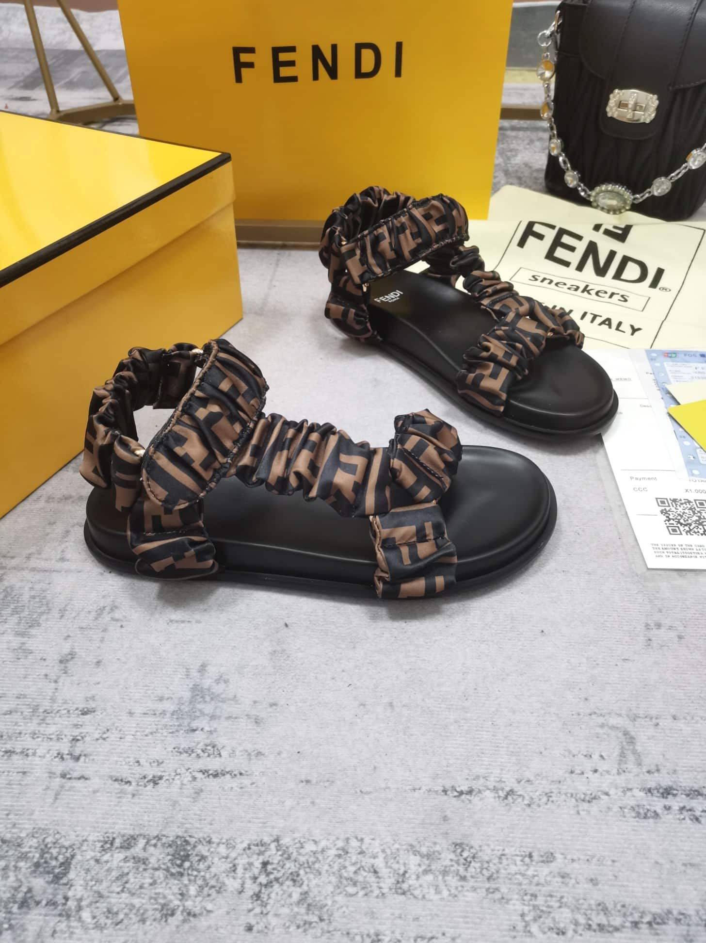 (1:1 replica) Fendi Feel Brown Satin Sandals For Women 8X8291AE7SF0R7V