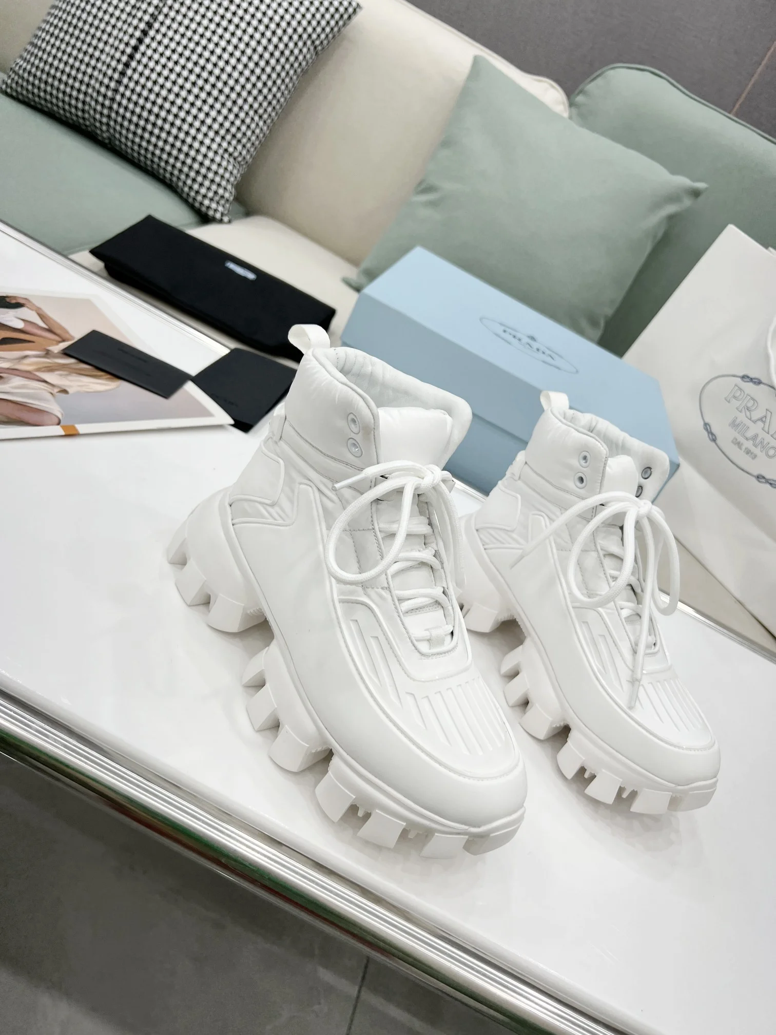 (1:1 replica) Prada Cloudbust Thunder High-Top Sneakers White For Women 1.9in/50mm PRD
