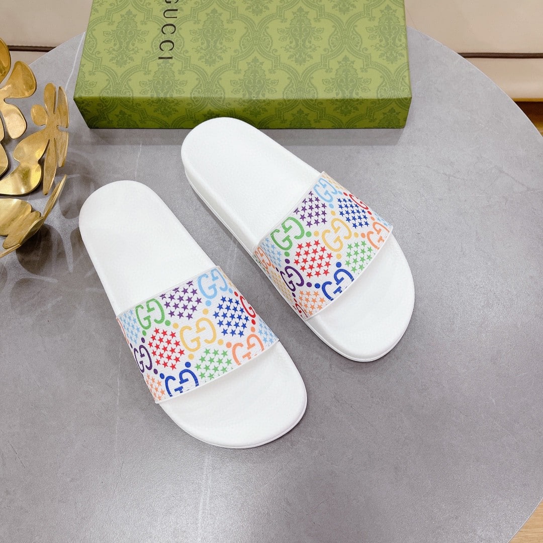 (1:1 replica) Gucci Women s GG Slide Sandal With Stars White For Women 407345