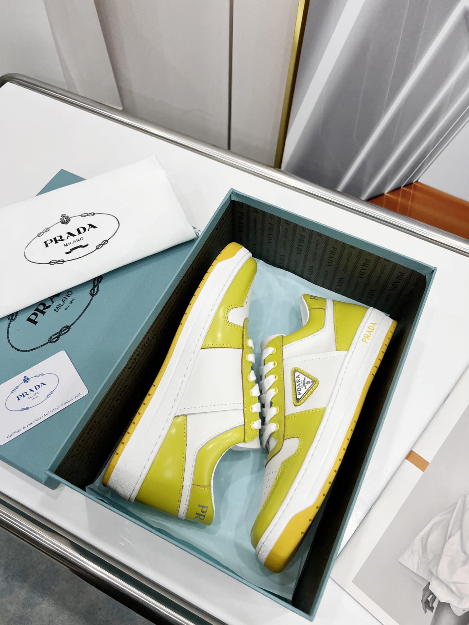 (1:1 replica) Prada Downtown Perforated Sneakers Yellow/White For Women 1.2in/30mm PRD 2EE364_3LKG_F0A7U