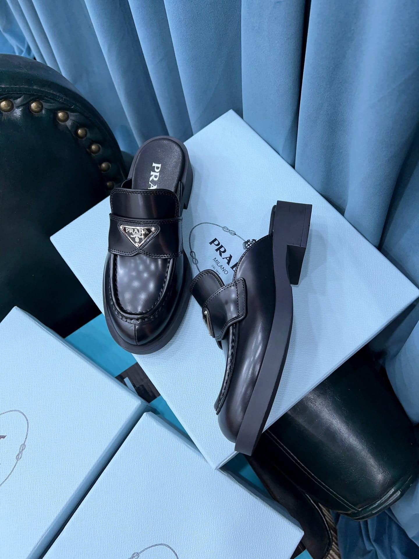(1:1 replica) Prada Chocolate Brushed Mules Black For Women 1.6in/40mm PRD 1D652M_055_F0002_F_040