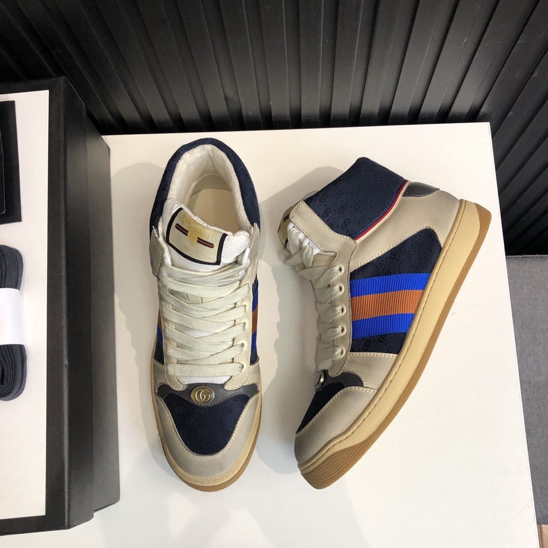 (1:1 replica) Gucci Women s GG Screener Distressed High Top Off-White Blue For Women 563730