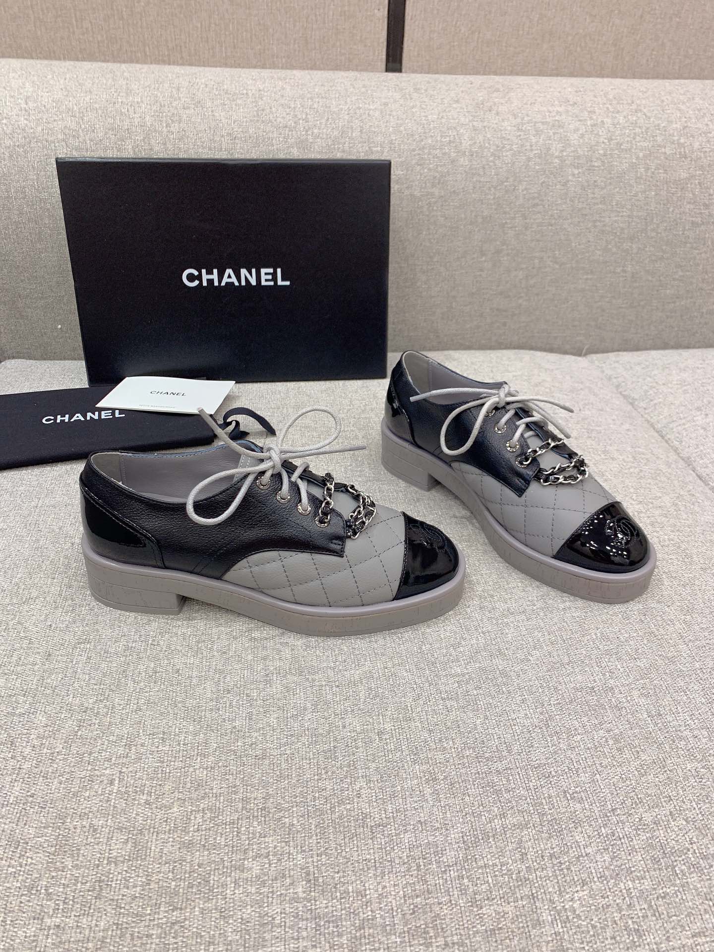(1:1 replica) Chanel Women s Lace- Ups With Gold Chain Black And Grey For Women 1.6in/4cm