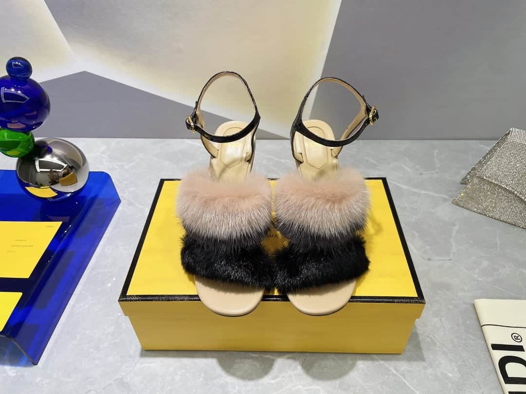 (1:1 replica) Fendi First Black Mink High-Heeled Sandals For Women