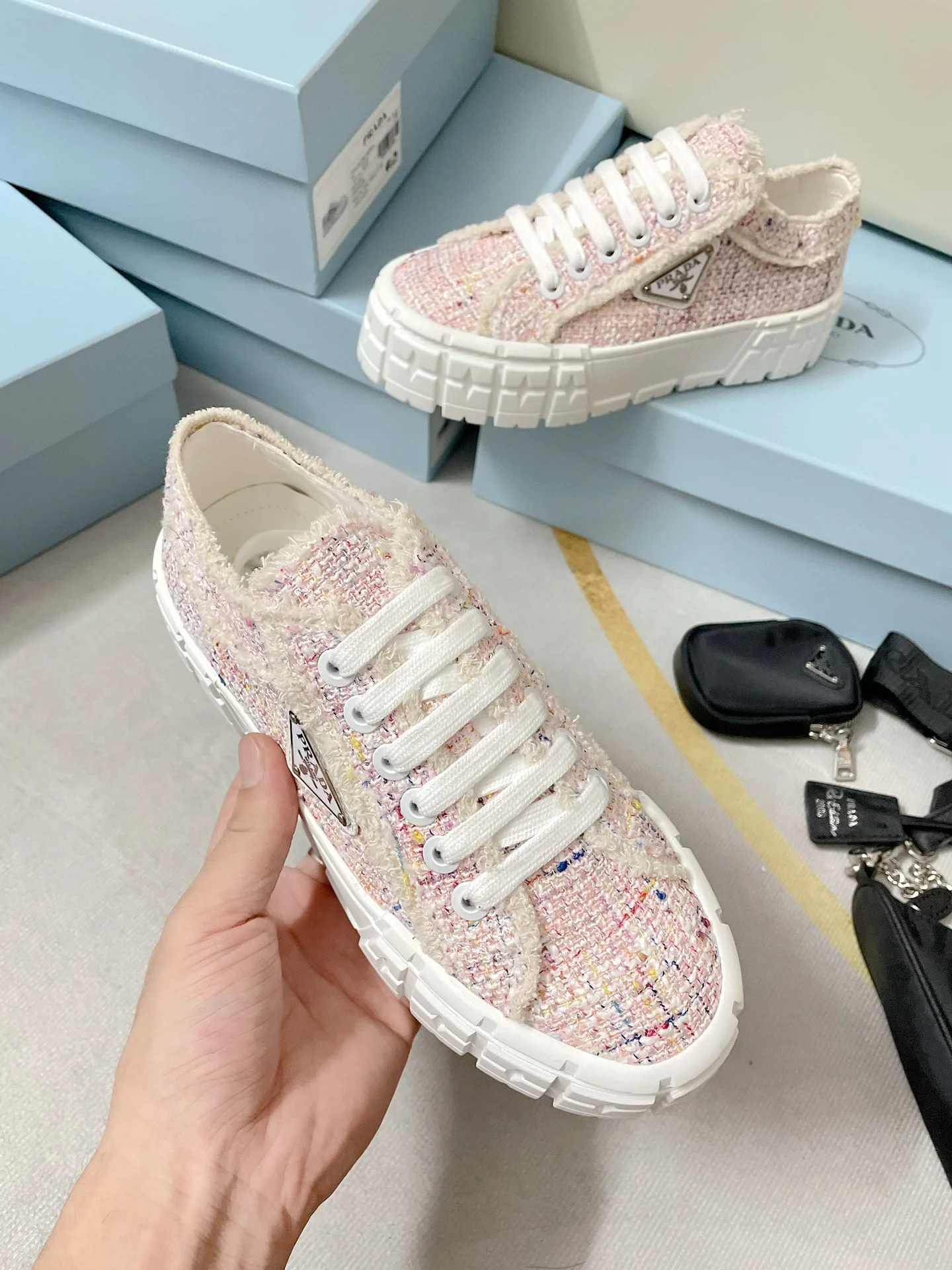 (1:1 replica) Prada Double Wheel Gabardine Sneakers Pink For Women 2in/50mm PRD