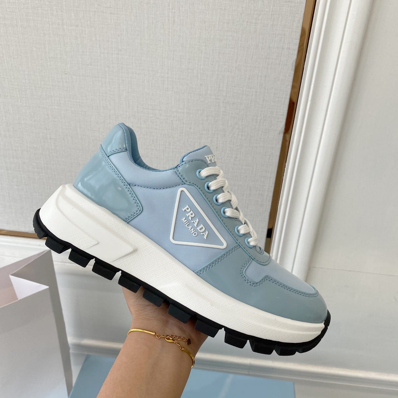 (1:1 replica) Prada Prax 01 Re-Nylon Gabardine Sneakers Blue For Women 1.8in/45mm PRD