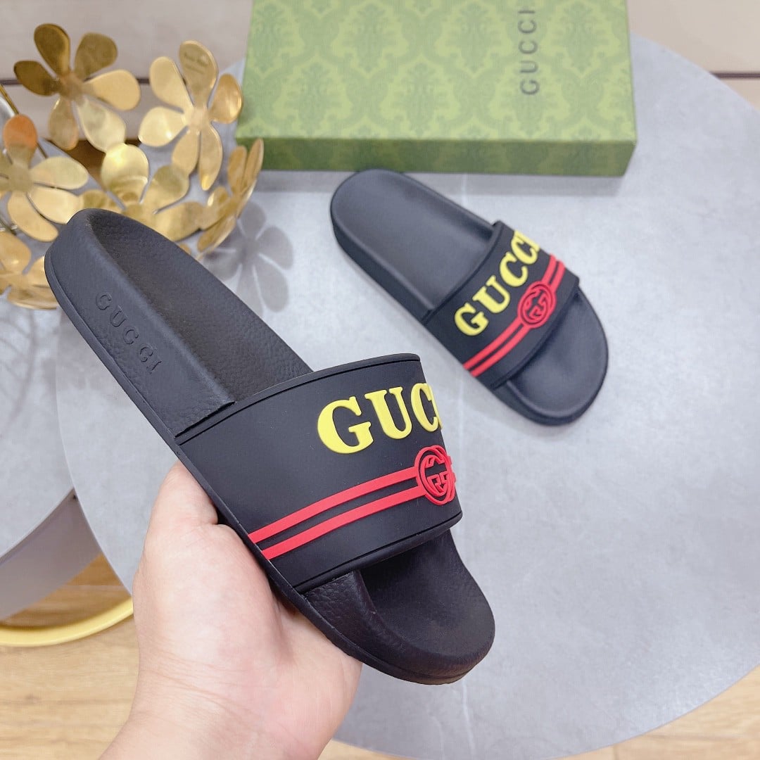 (1:1 replica) Gucci Women s Logo Rubber Slide Black Red And Yellow For Women 522887