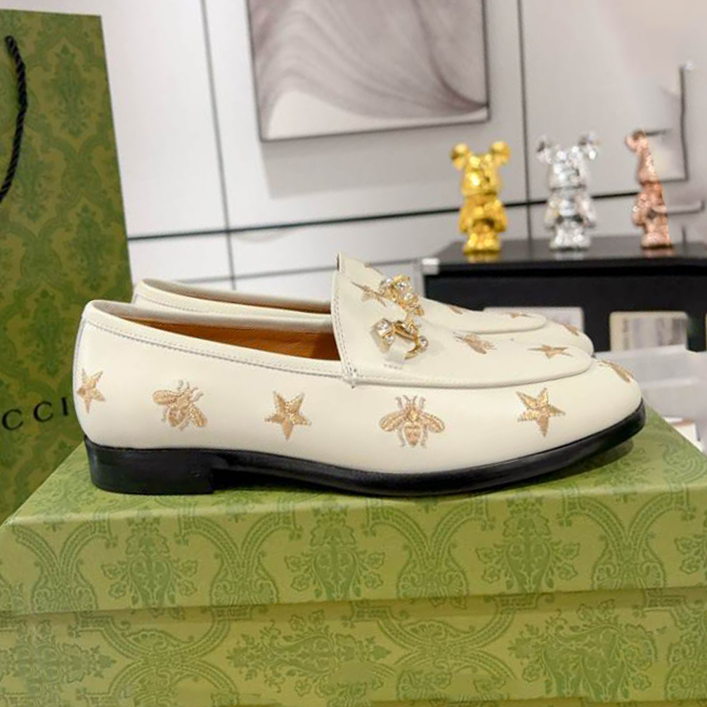 (1:1 replica) Gucci Jordaan White Bee Star Embroidered Leather Loafer GL076
