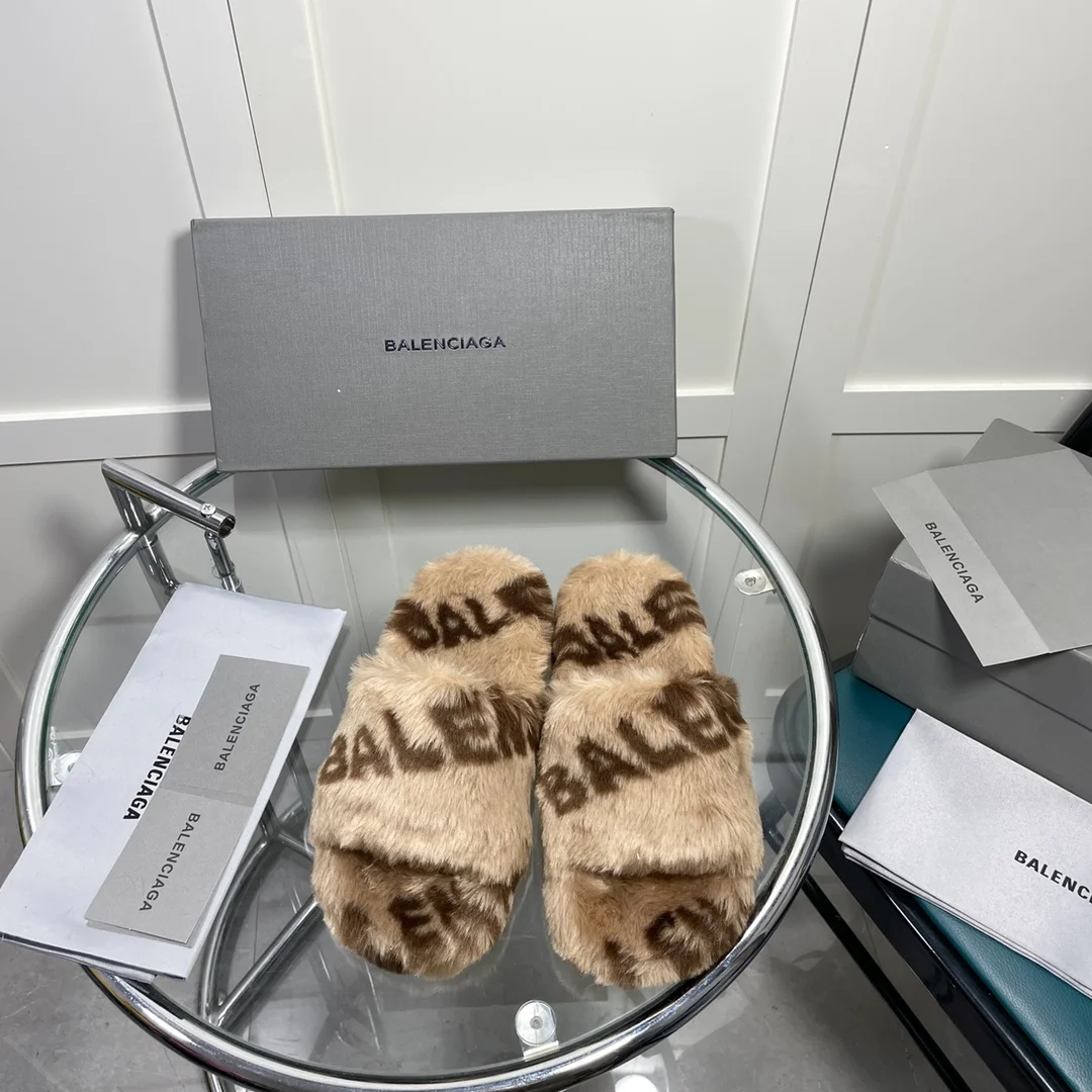 (1:1 replica) Balenciaga Furry Slide Sandal Allover Logo Beige For Women