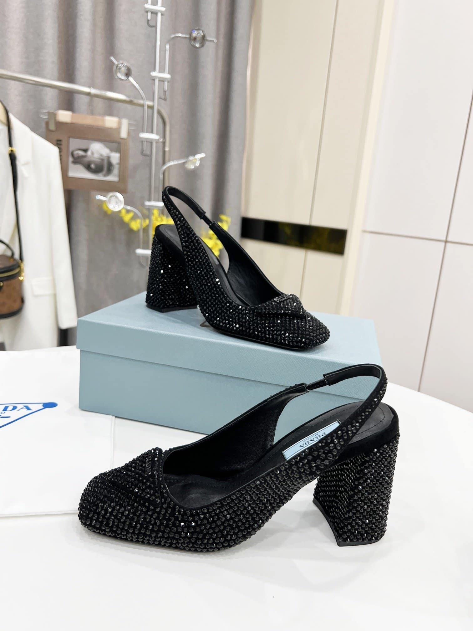 (1:1 replica) Prada Satin Sling-Back Pumps With Crystals Black For Women 3.5in/90mm PRD
