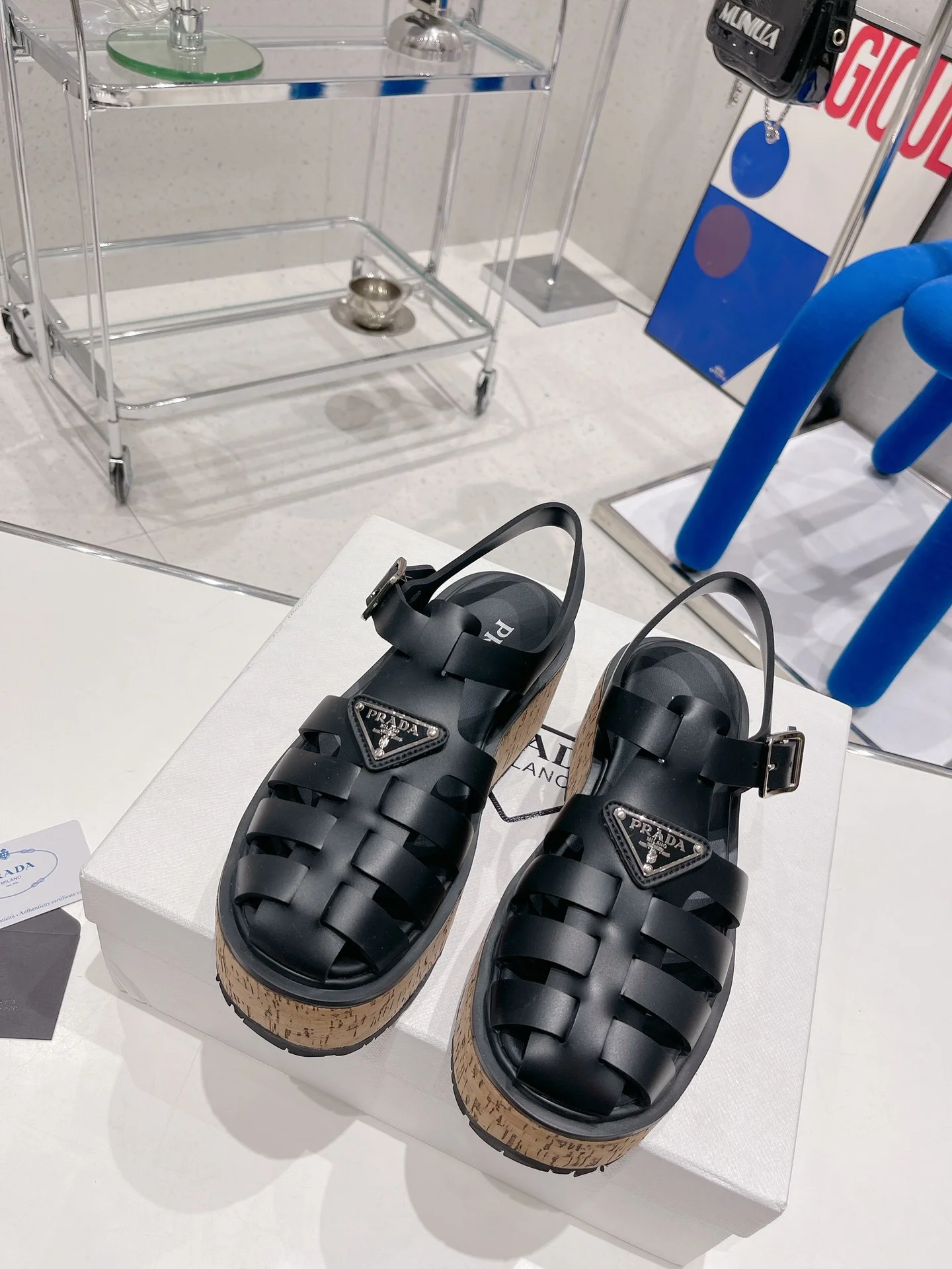 (1:1 replica) Prada Rubber Wedge Platform Sandals Black For Women 2.9in/75mm PRD 1X853M_3LLP_F0002_F_B075