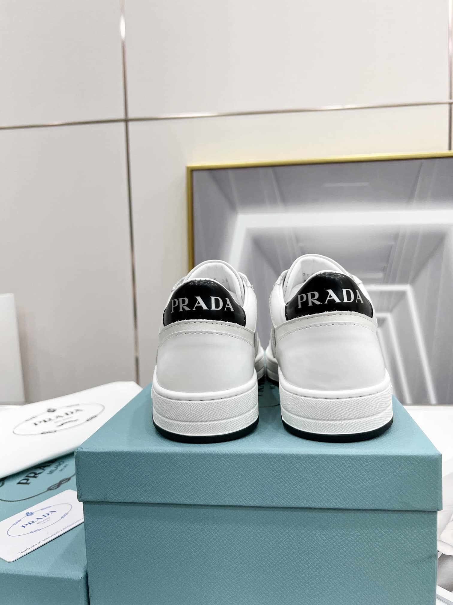 (1:1 replica) Prada Downtown Perforated Sneakers White/Black For Women 1.2in/30mm PRD 1E792M_3LJ6_F0964_F_030