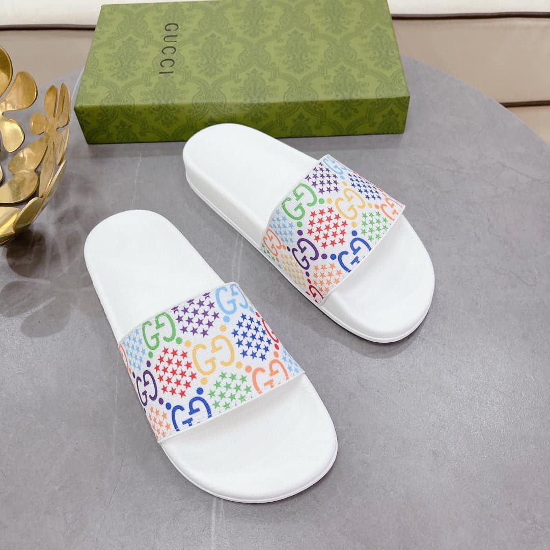 (1:1 replica) Gucci Women s GG Slide Sandal With Stars White For Women 407345