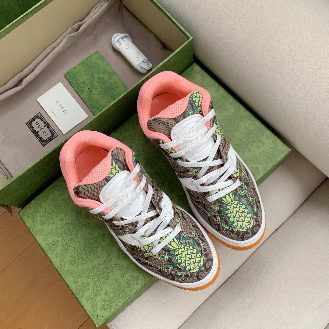 (1:1 replica) Gucci Women s Basket Sneaker Print Pineapple Brown Pink For Women 661301