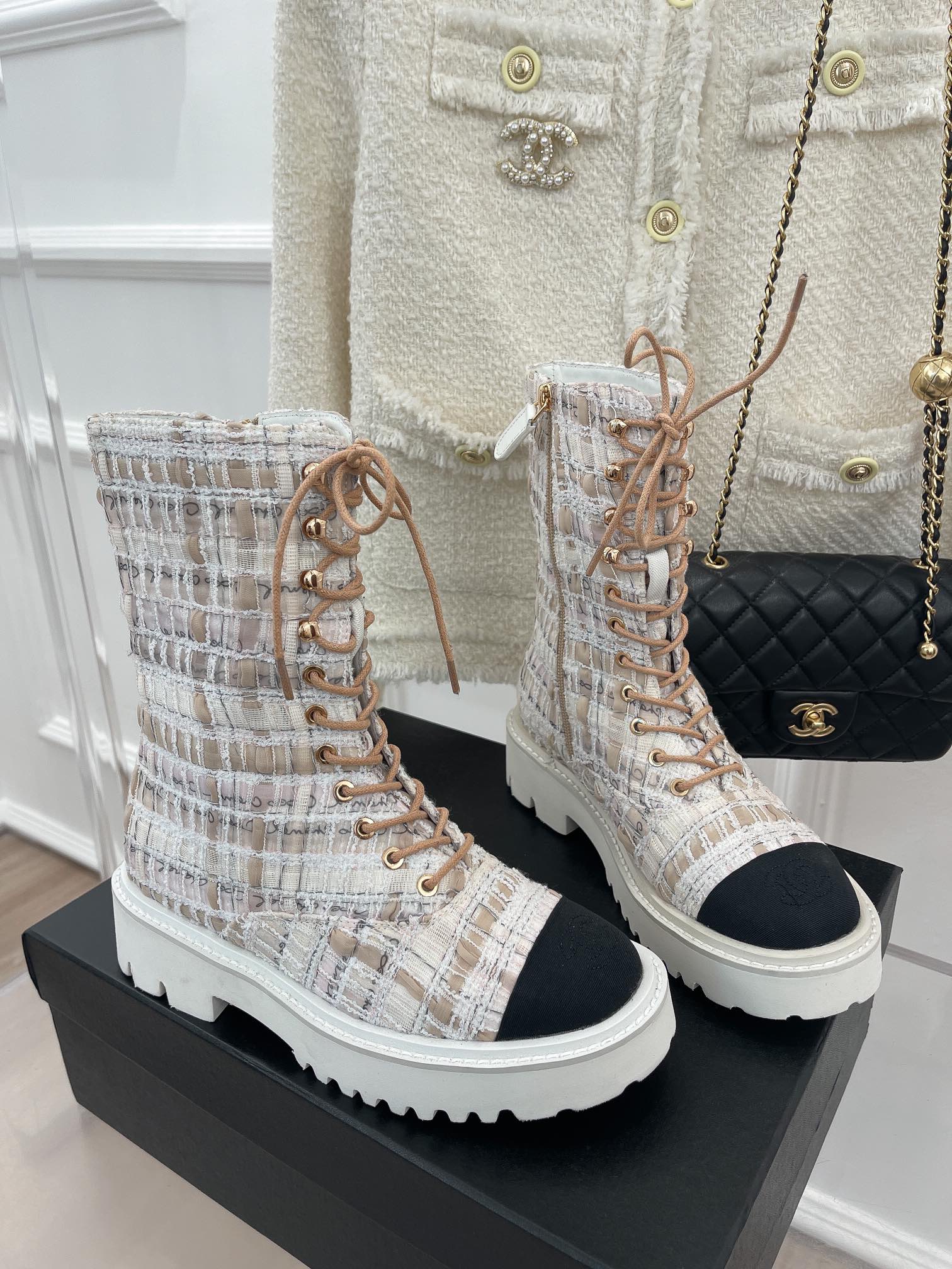 (1:1 replica) Chanel Women s Martin Shoes With Laces White For Women 2in/ 5cm