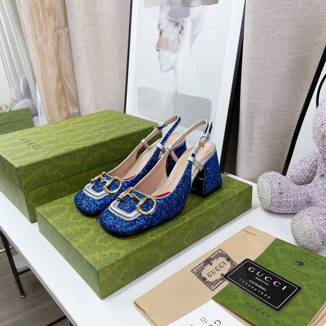 (1:1 replica) Gucci Lovelight Slingback Mid-Heel With Horsebit Blue For Women GG