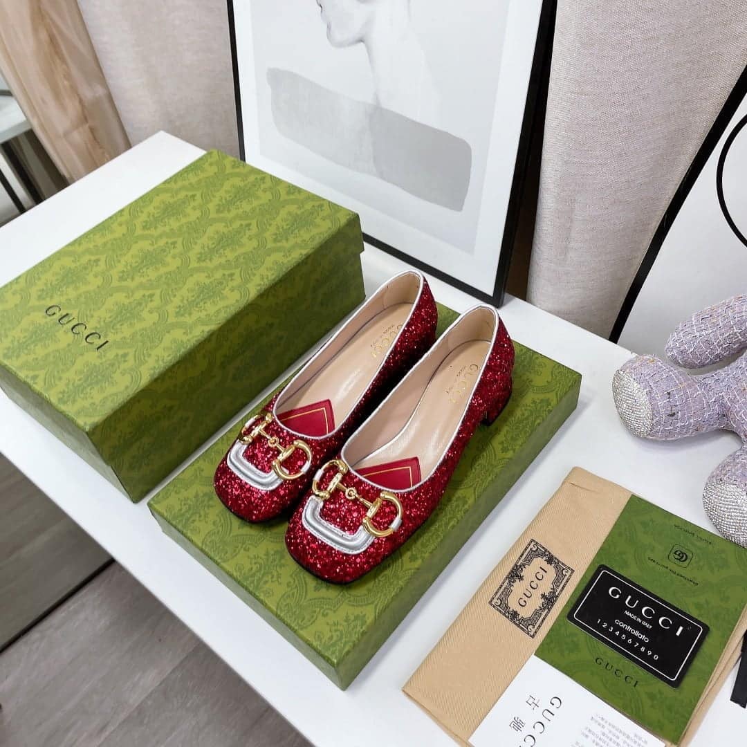 (1:1 replica) Gucci Lovelight Crystal Ballet Flat With Horsebit Red For Women GG