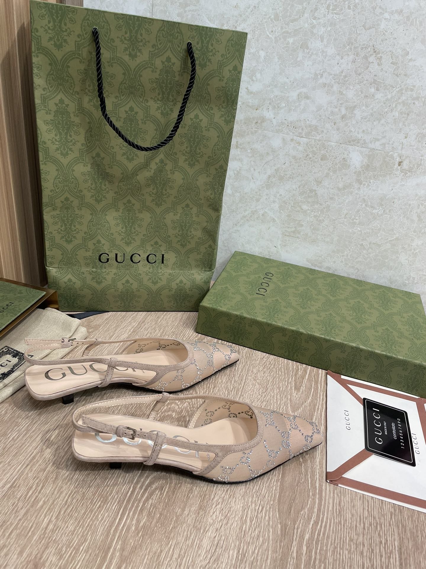 (1:1 replica) Gucci Women s GG lingback Pump By Rose Mesh With GG Crystals Brown For Women GG 674668 F13A0 9960