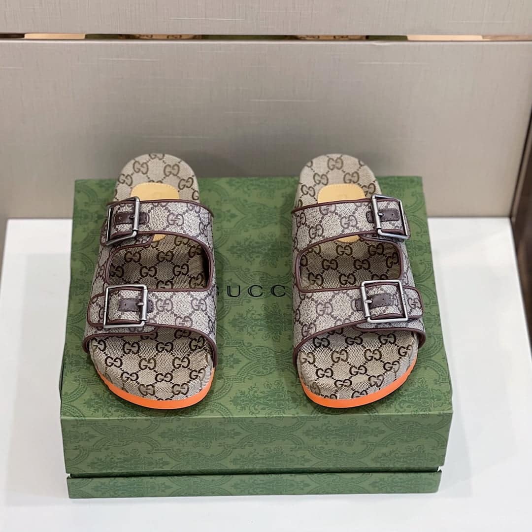 (1:1 replica) Gucci Women s Slide Sandal With Straps Beige And Grey For Women GG