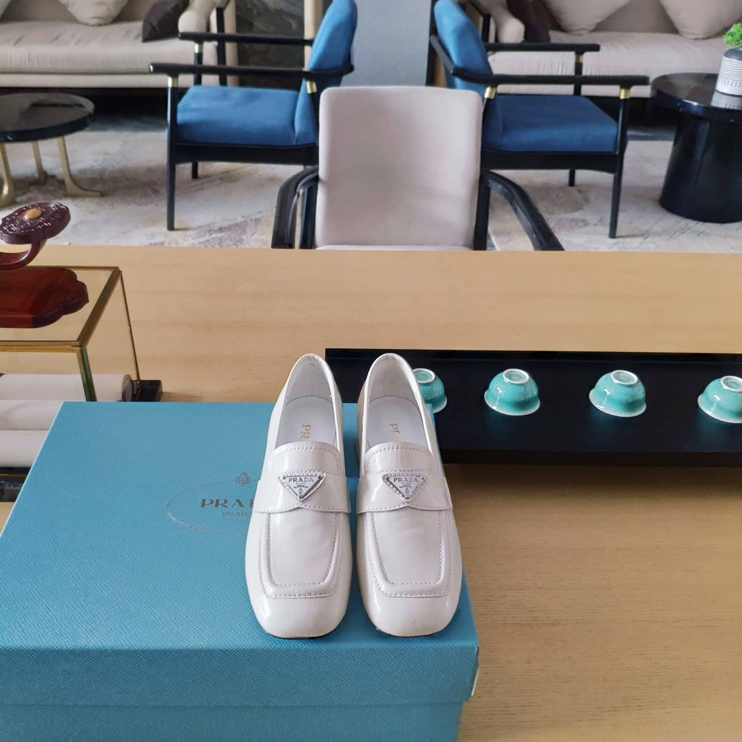 (1:1 replica) Prada Patent Loafers White For Women 1.8in/45mm PRD