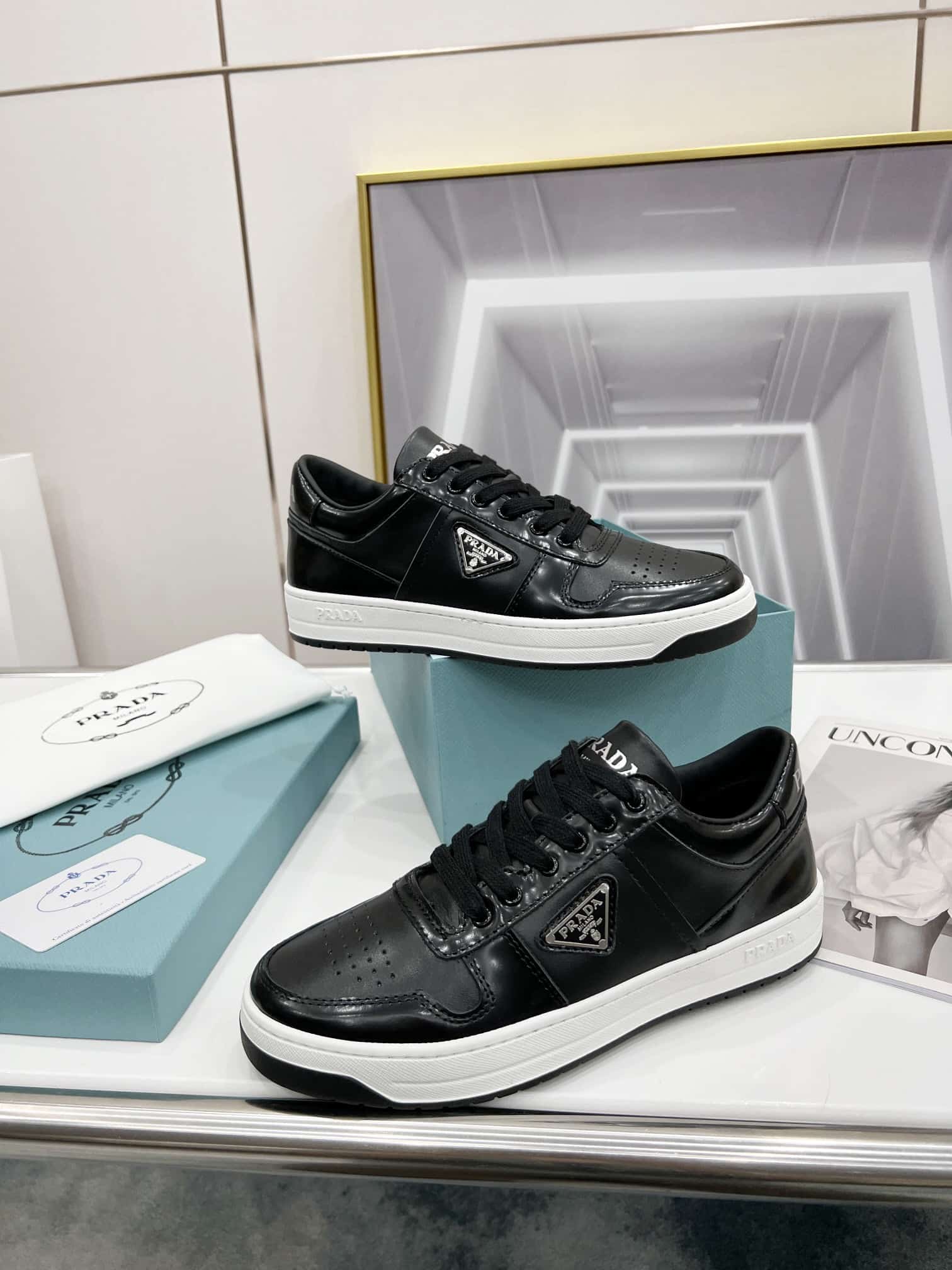 (1:1 replica) Prada Downtown Perforated Sneakers Black For Women 1.2in/30mm PRD