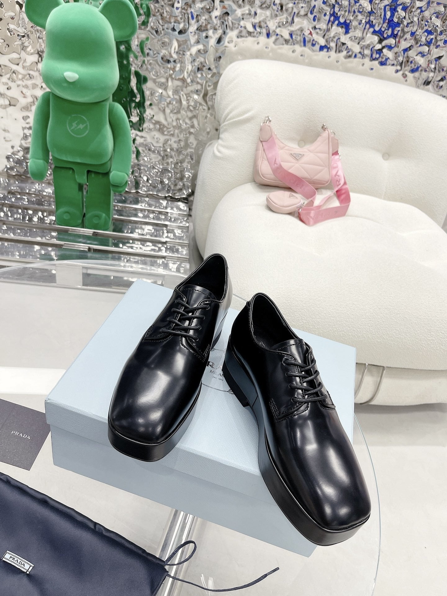 (1:1 replica) Prada Brushed Derby Shoes Black For Women 1.96in/50mm PRD 1E877M_055_F0002_F_B050