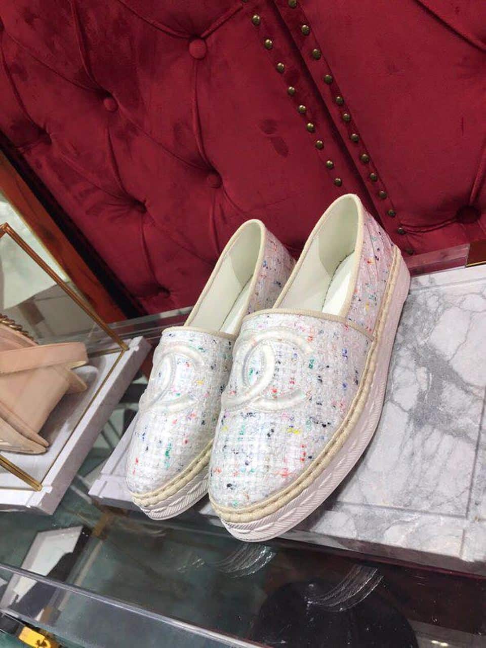 (1:1 replica) Chanel Tweed/PVC CC Logo Espadrilles White For Women, Women s Shoes