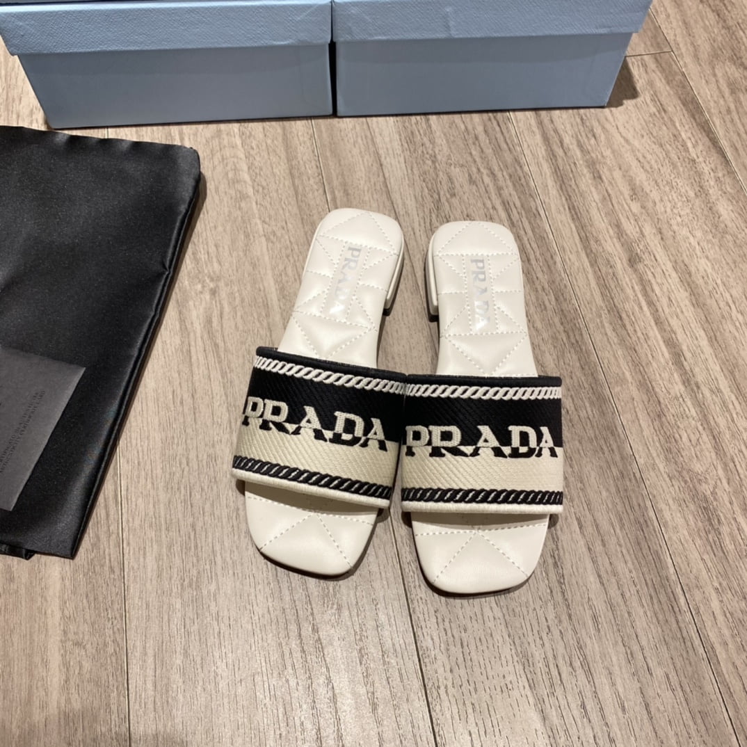 (1:1 replica) Prada Embroidered Fabric Slides Black/Beige For Women 0.4in/10mm PRD