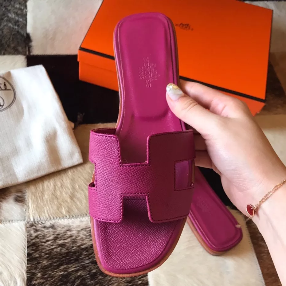 (1:1 replica) HERMES ORAN SLIDE SANDALS IN ANEMONE EPSOM CALFSKIN HMSD063