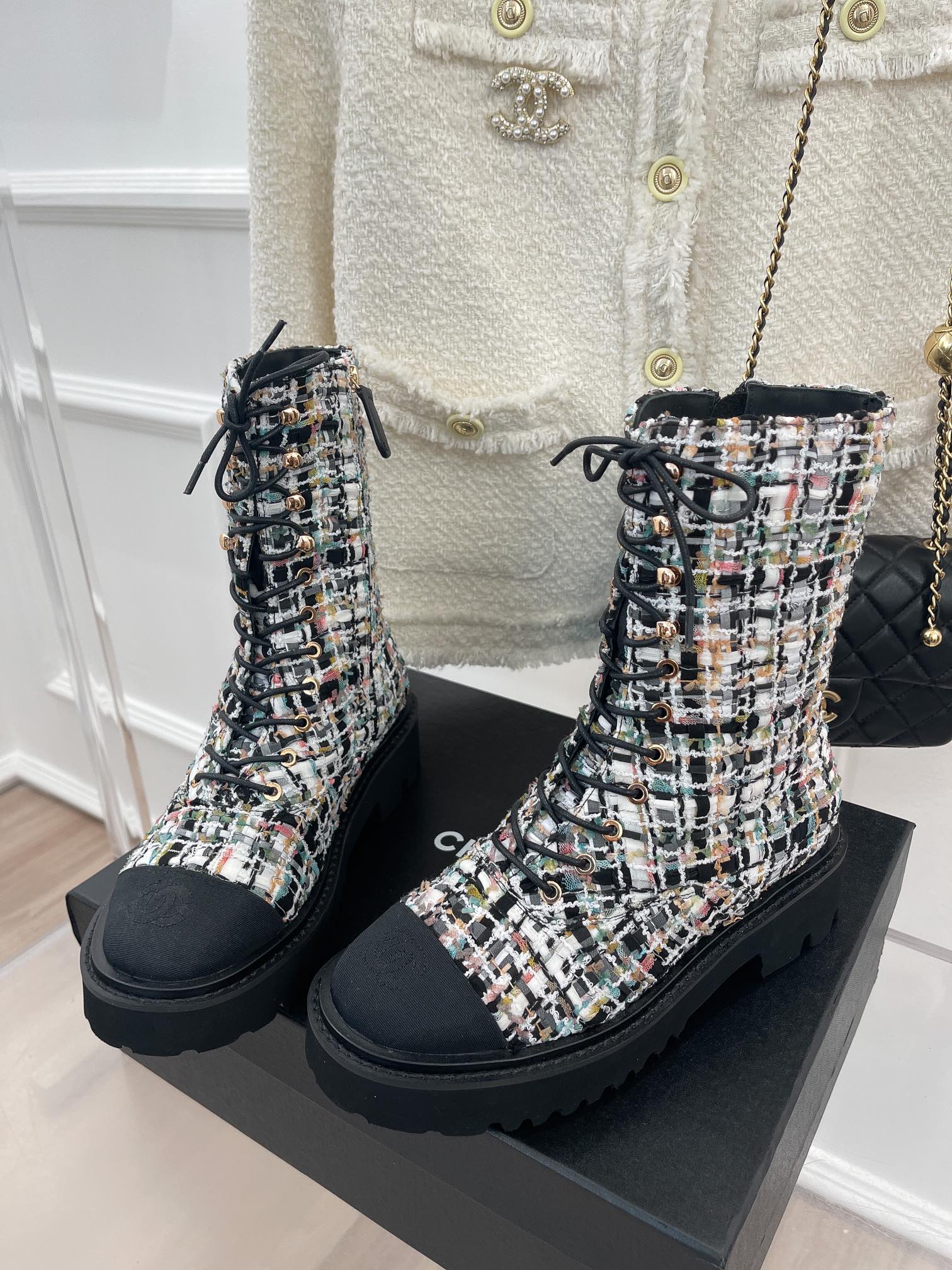 (1:1 replica) Chanel Women s Martin Shoes With Laces Black For Women 2in/ 5cm