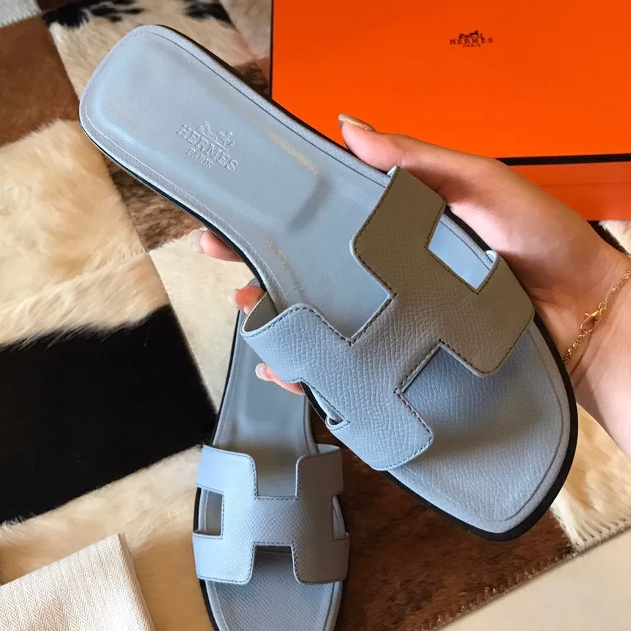 (1:1 replica) HERMES ORAN SLIDE SANDALS IN BLUE LIN EPSOM CALFSKIN HMSD074