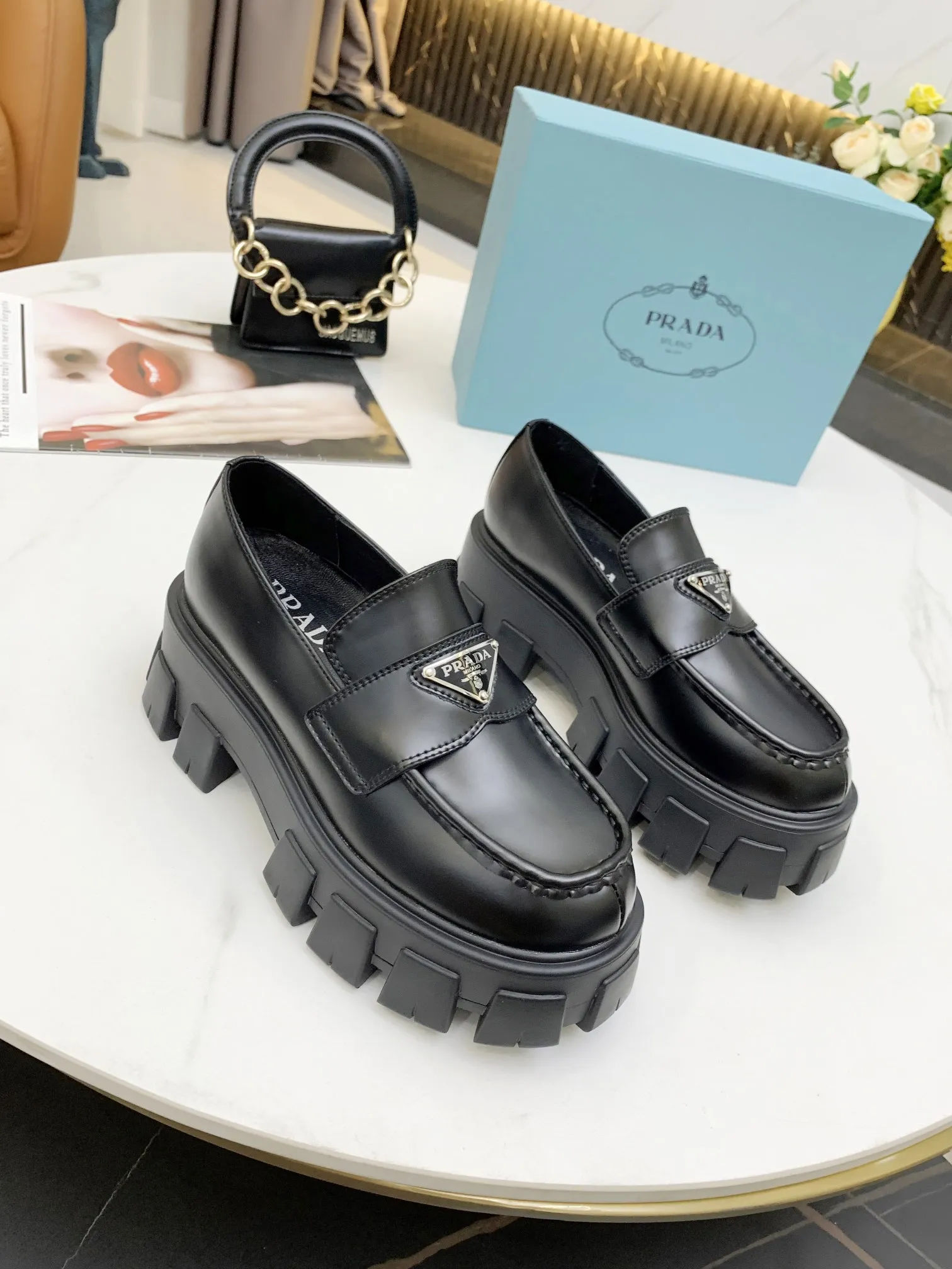 (1:1 replica) Prada Women s Monolith Loafers In Black Brushed Leather PRL006