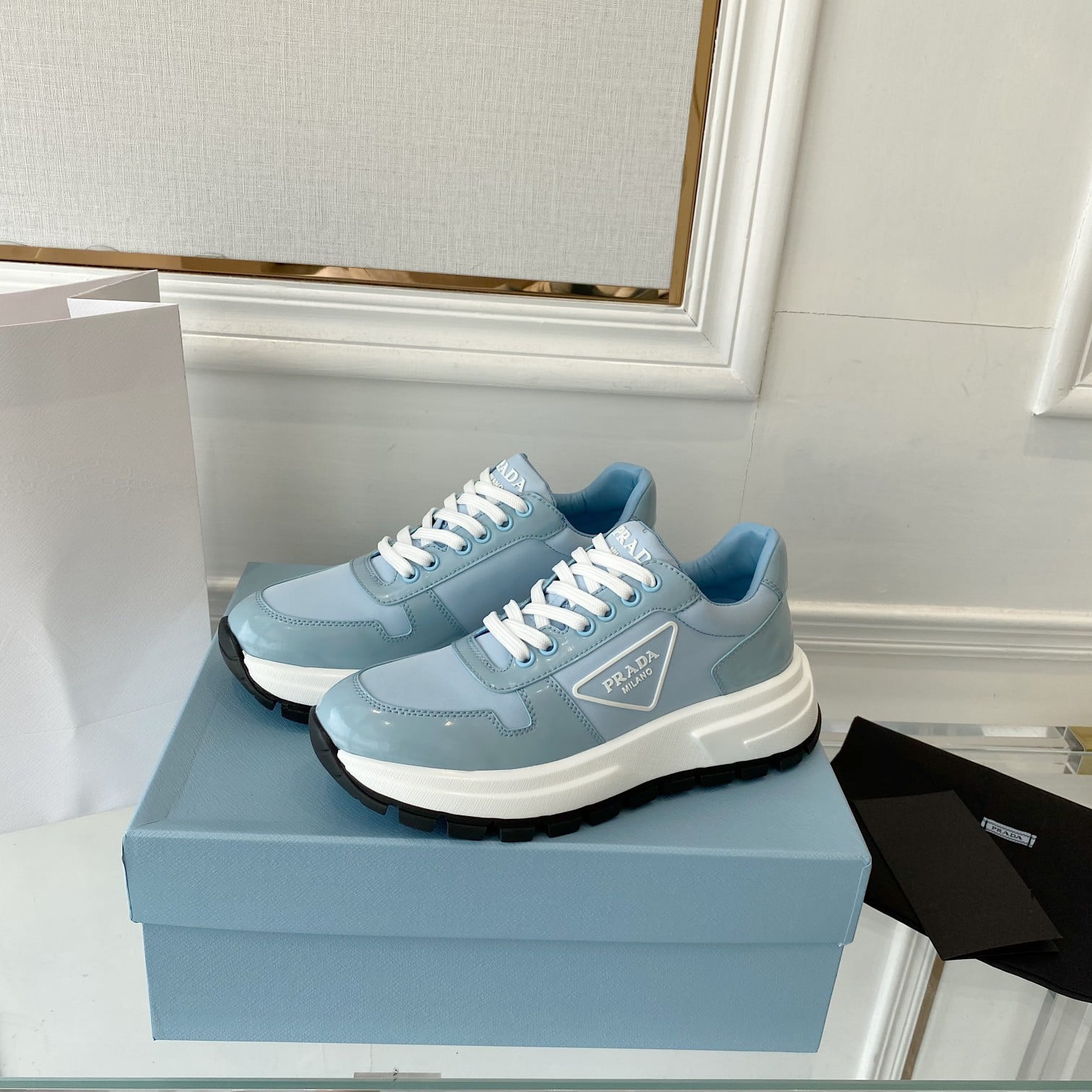 (1:1 replica) Prada Prax 01 Re-Nylon Gabardine Sneakers Blue For Women 1.8in/45mm PRD